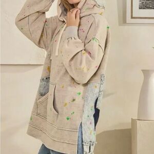 Oli & Hali Oyster Gray Hoodie with Paint Splatter and Denim Accents